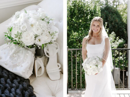 Bride dress and shoes opposite bride with bouquet