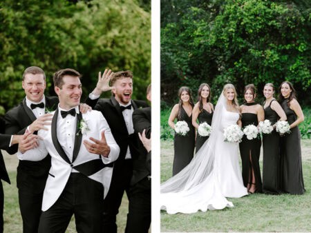 Groom with groomsmen opposite bride with bridesmaids