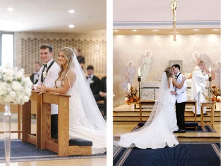 Bridge and groom kneeling opposite bride and groom dancing