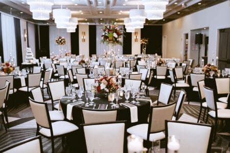 Banquet hall decorated for wedding