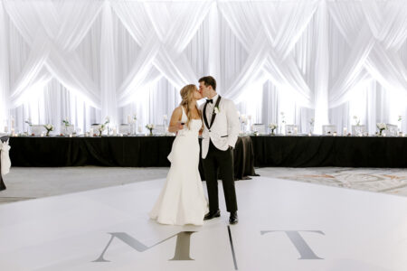 Bride and groom kissing on the dance floor
